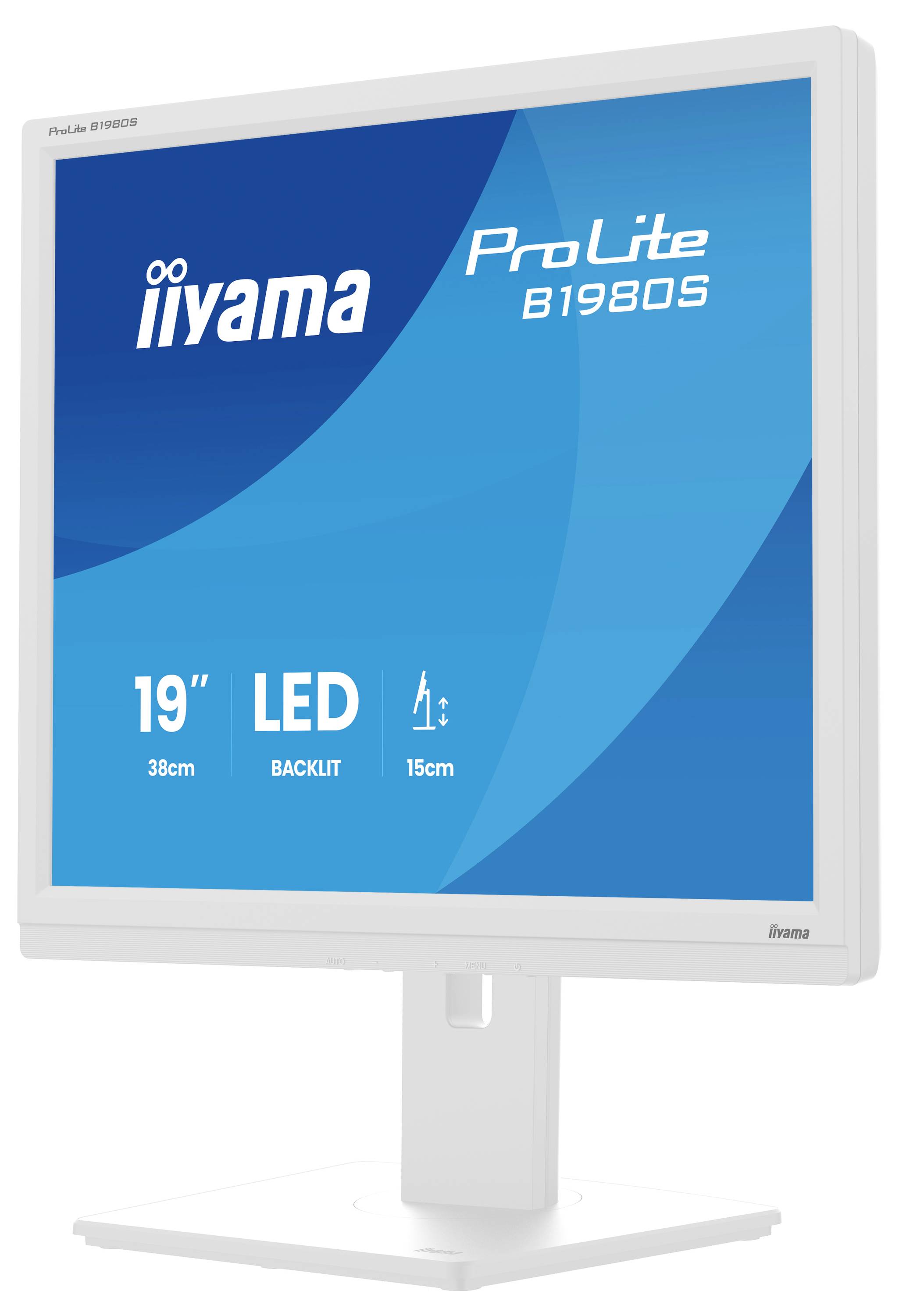 Ein weißer 19-Zoll-LED-Monitor mit blauem Bildschirm, auf dem die Marke „iiyama" und das Modell „ProLite B1980S" angezeigt werden.