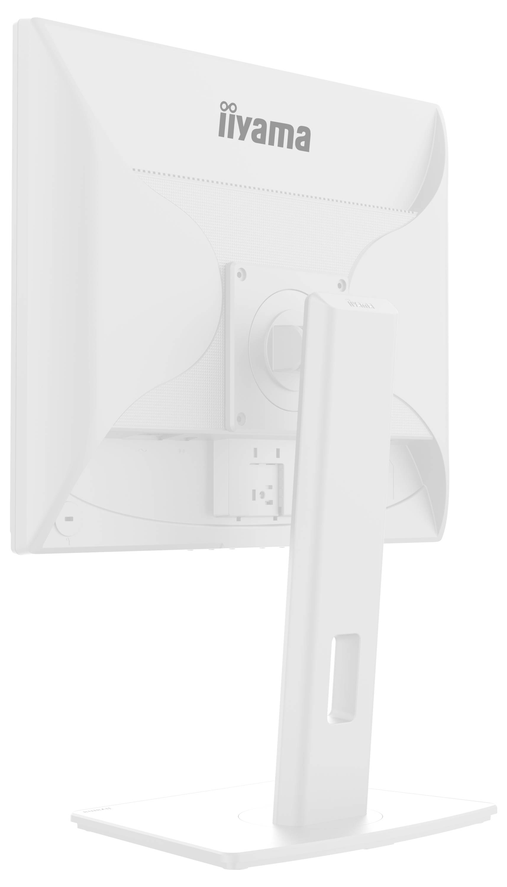 Ein Computermonitor aus der Rückansicht, der den Ständer und das Iiyama-Markenlogo oben zeigt.
