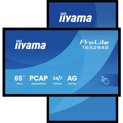 "Abbildung des iiyama ProLite T6529AS-Bildschirms mit Spezifikationen: 65" Größe, PCAP, DeepContrast, 24/7 Android, AG-Beschichtung."