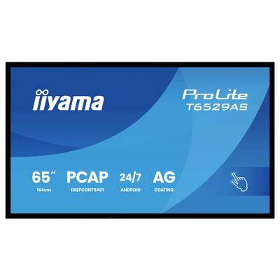 Blauer Bildschirm mit iiyama ProLite T6529AS, 65 Zoll 164cm, PCAP, tiefem Kontrast, 24/7 Android, AG-Beschichtung und Berührungssymbol.