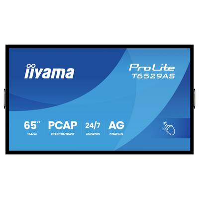 Touchscreen-Display mit „iiyama ProLite T6529AS" Branding, mit wichtigsten Spezifikationen: 65" Größe, PCAP, 24/7 Android, AG-Beschichtung.