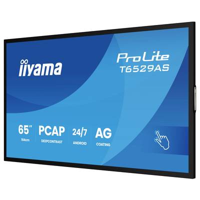 Ein großer Anzeigebildschirm mit dem Modell "iiyama ProLite T6529AS" präsentiert, bestehend aus 65 Zoll PCAP, 24/7-Betrieb, Android und AG-Beschichtung.
