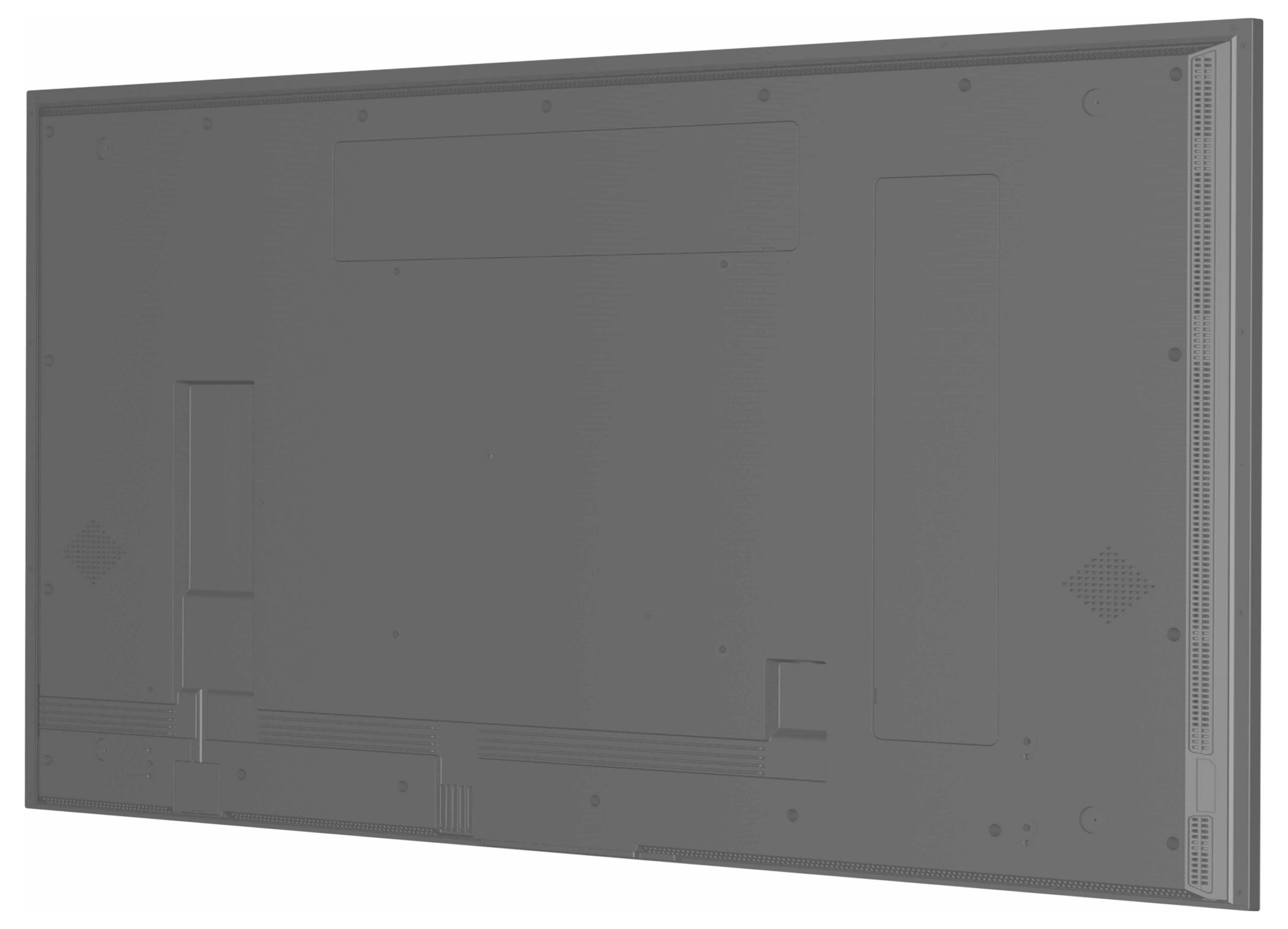 Seitenansicht eines schlanken schwarzen Computermonitors auf einem Ständer, leicht nach vorne geneigt, die sein minimalistisches Design und sein elegantes Profil zur Schau stellt.