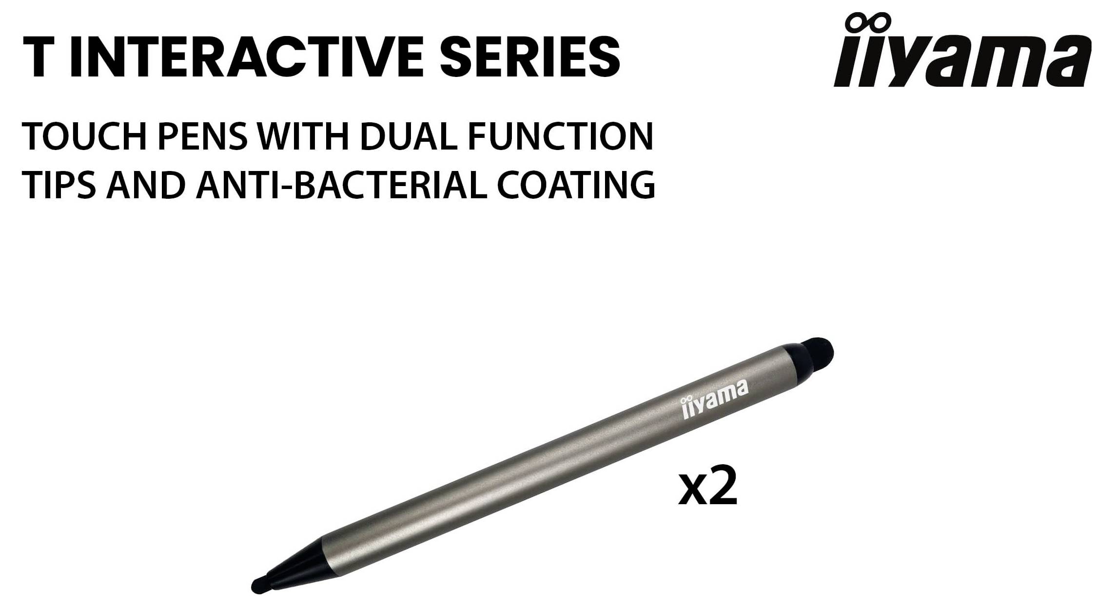 „T Interactive Series" Touchstifte mit Dual-Funktions-Spitzen und antibakterieller Beschichtung, in einem Set aus zwei Stiften.