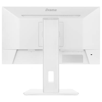 Das Bild zeigt die Rückansicht eines weißen iiyama-Computermonitors mit einem vertikalen Ständer und Steuertasten auf der unteren rechten Seite.