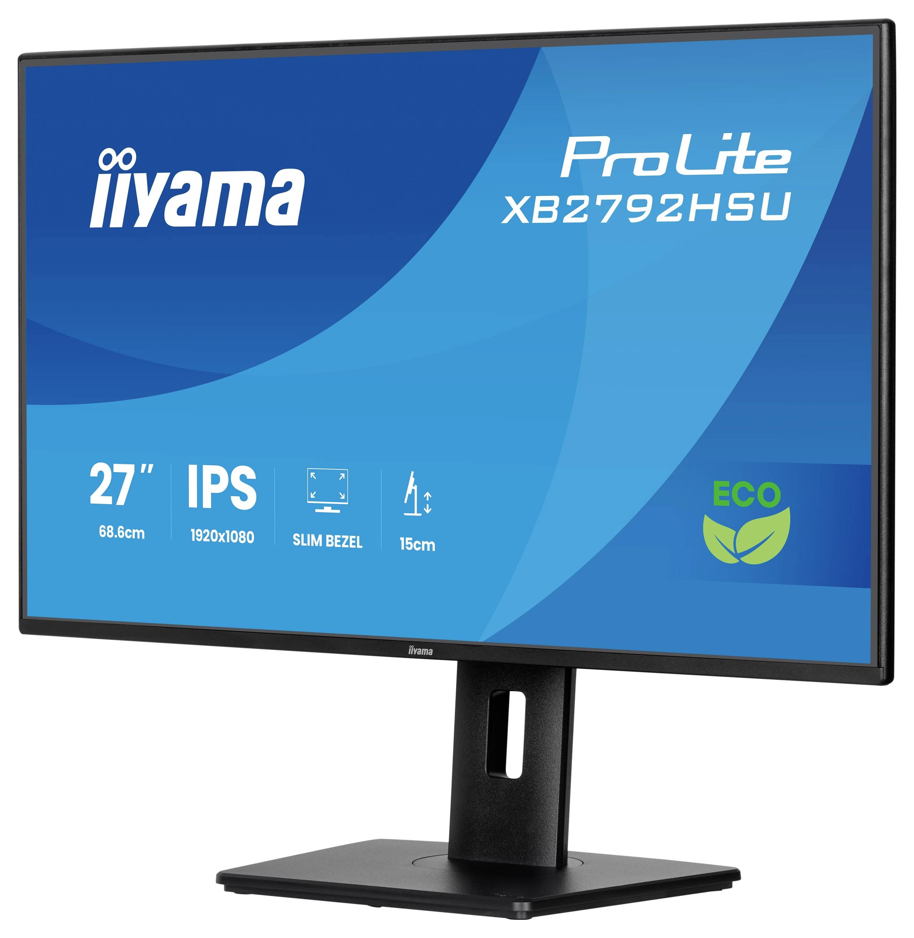 Monitor mit Produktinformationen für Iiyama ProLite XB2792HSU: 27"-Bildschirm, IPS-Panel, 1920x1080-Auflösung, schmaler Rahmen, 15-cm-Ständer.