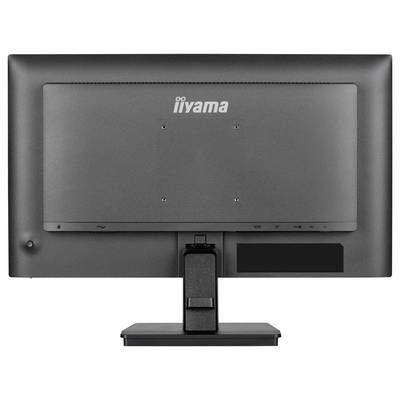 Das Bild zeigt die Rückseite eines grauen Computermonitors mit dem Markenlogo. Der Ständer ist sichtbar, mit grundlegenden Bedienungstasten auf der Rückseite.