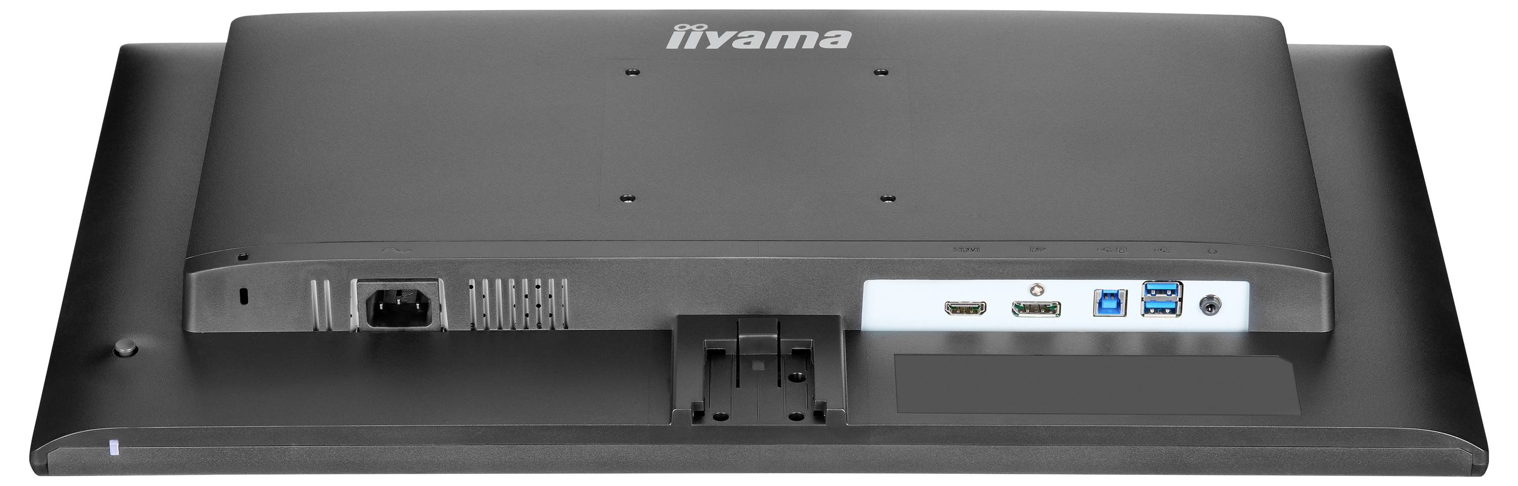 Ansicht der Rückseite eines Monitors mit Konnektivitätsanschlüssen einschließlich HDMI, DisplayPort, USB und Stromeingabe.