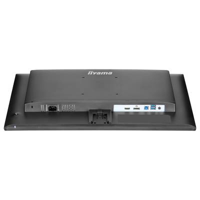 Ansicht der Rückseite eines Monitors mit Konnektivitätsanschlüssen einschließlich HDMI, DisplayPort, USB und Stromeingabe.