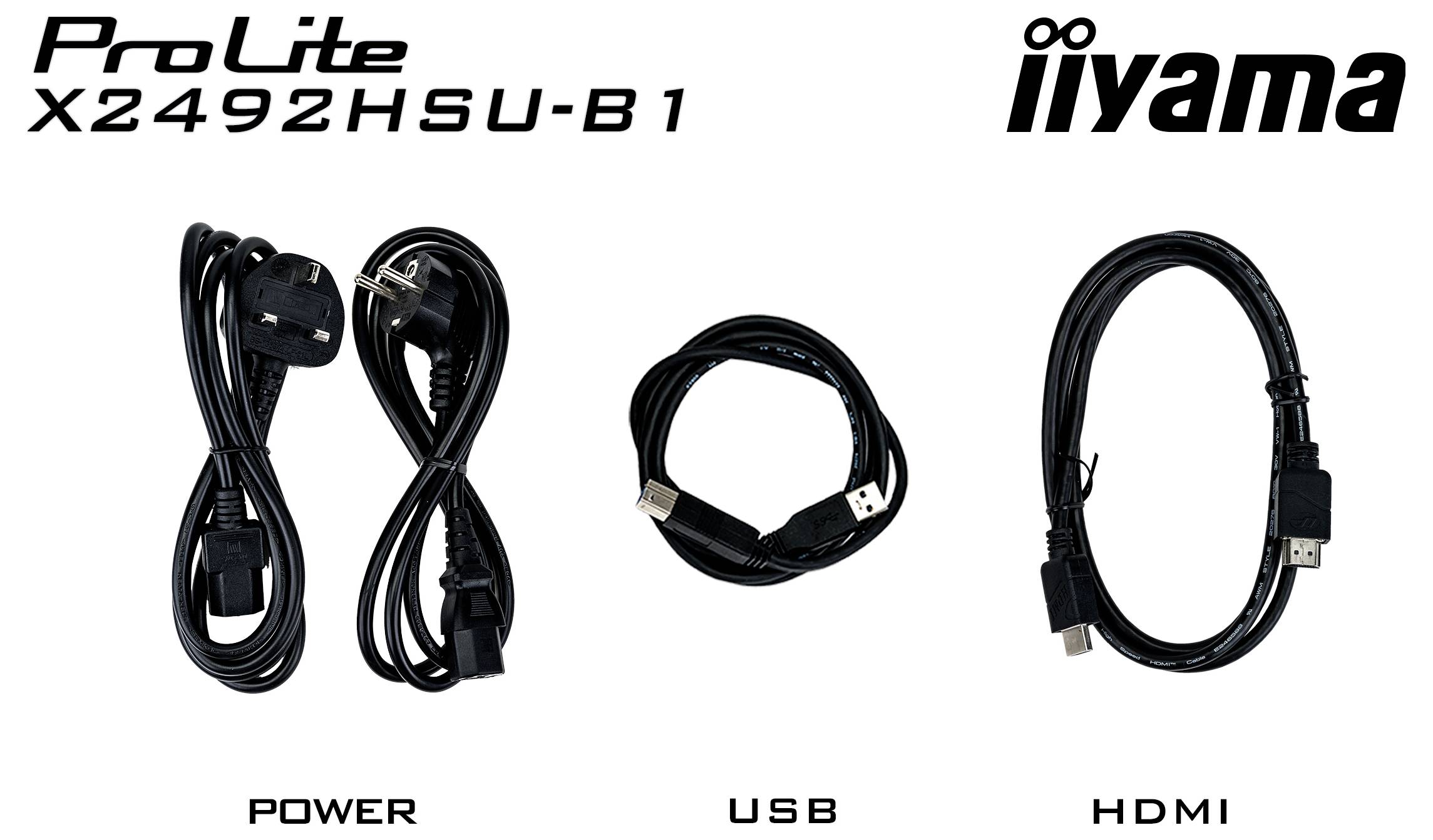 "ProLite X2492HSU-B1 iiyama" Monitor-Kabel: Stromversorgung, USB, HDMI.