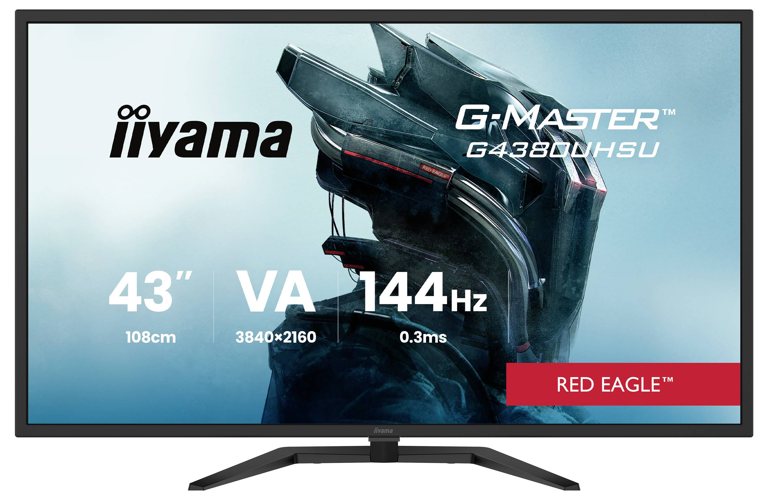 Der Gaming-Monitor 'iiyama G-Master G4380UHSU' zeigt eine futuristische Helm-Grafik. Hauptmerkmale: 43 Zoll, VA, 3840x2160, 144Hz, 0,3ms.