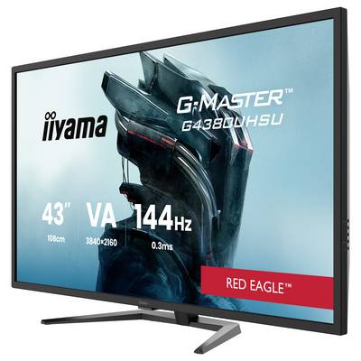 iiyama G-Master 43" Monitor, Modell G4380UHSU, 3840x2160 Auflösung, VA, 144Hz, Red Eagle Serie, mit futuristischem Helmdesign.