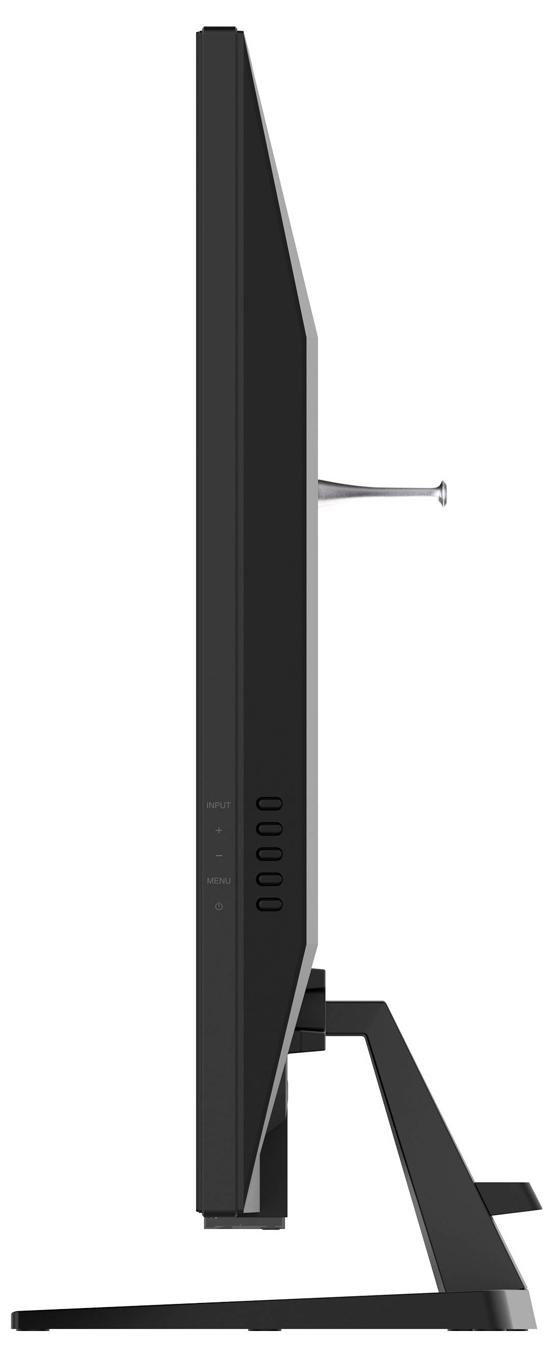 Eine Seitenansicht eines dünnen, modernen Flachbildschirmmonitors auf einem eleganten Ständer. Das Design betont minimalistische Linien und ein schlankes Profil.