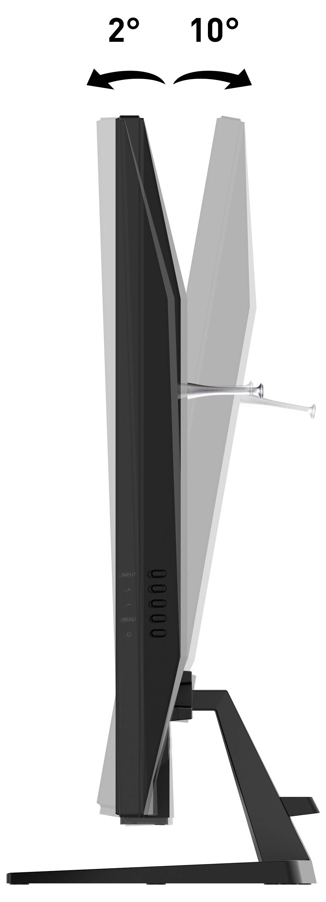 Seitenansicht eines Monitors mit einem Neigungsverstellbereich von 2 Grad nach vorne bis 10 Grad nach hinten.