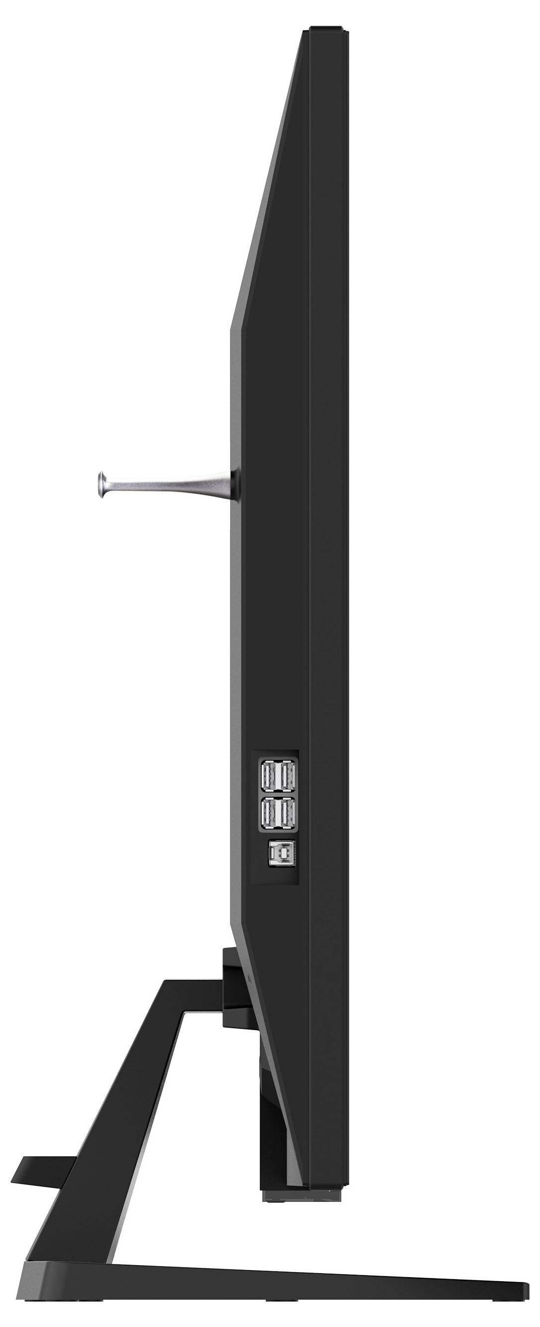 Seitenansicht eines schlanken, flachen Fernsehers auf einem Ständer, der sein dünnes Profil und minimalistisches Design hervorhebt.