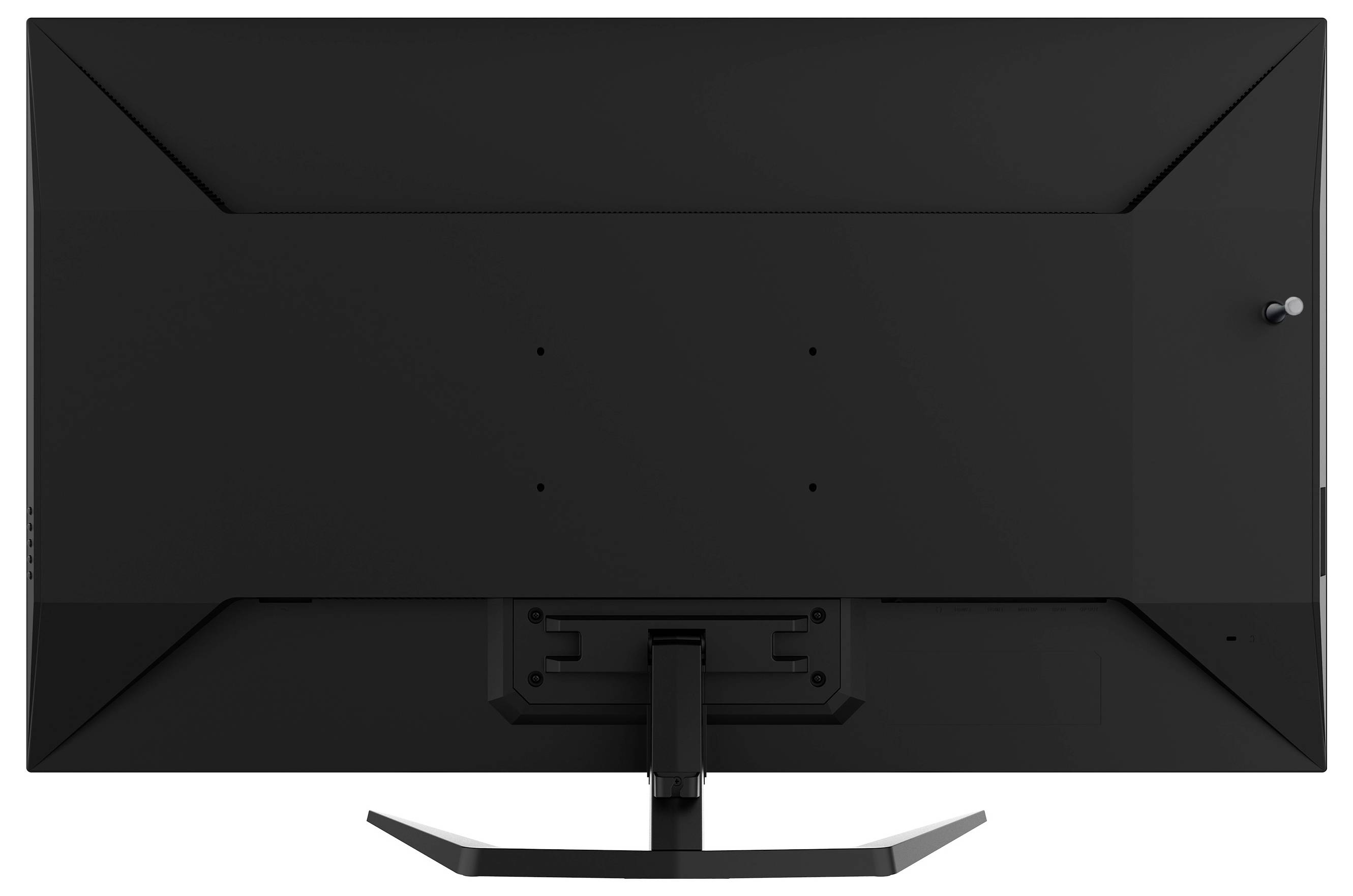 Ein schwarzer Flachbildschirm von hinten betrachtet, der ein elegantes Design mit einem zentrierten Ständer und minimalistischen Einfassungen zeigt.