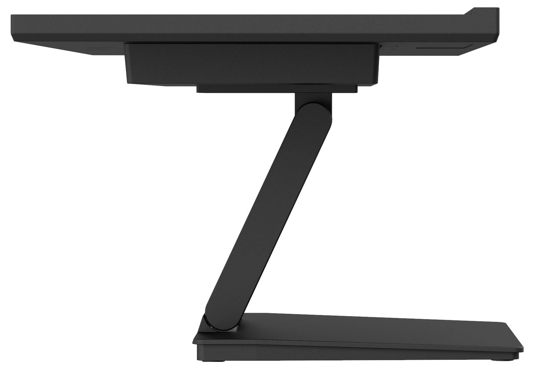 Ein schlanker, moderner Monitorständer mit einem verstellbaren Z-förmigen Arm, der eine flexible Bildschirmpositionierung und Höhenverstellungen ermöglicht.