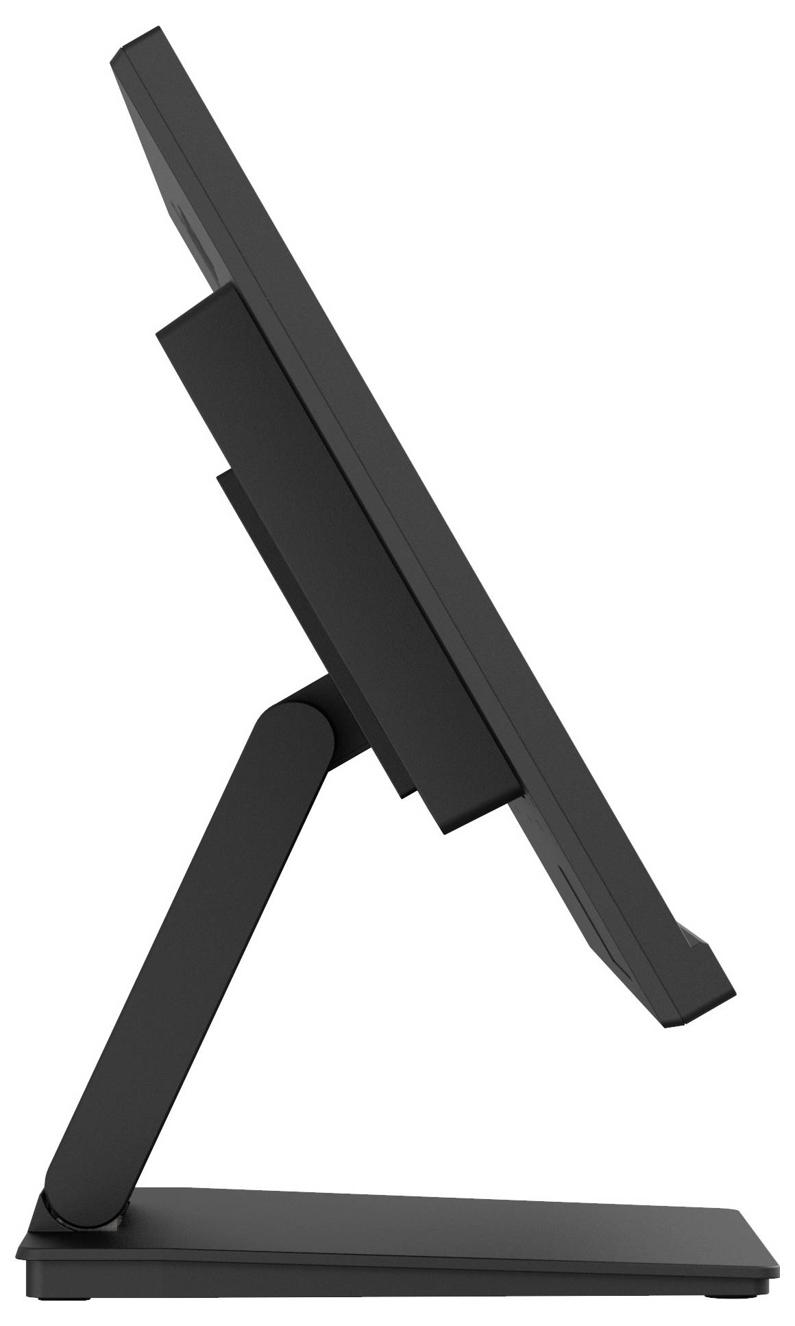 Ein dünner, schwarzer Computermonitor, von der Seite dargestellt, der sein schlankes Profil und seinen verstellbaren Ständer zeigt.