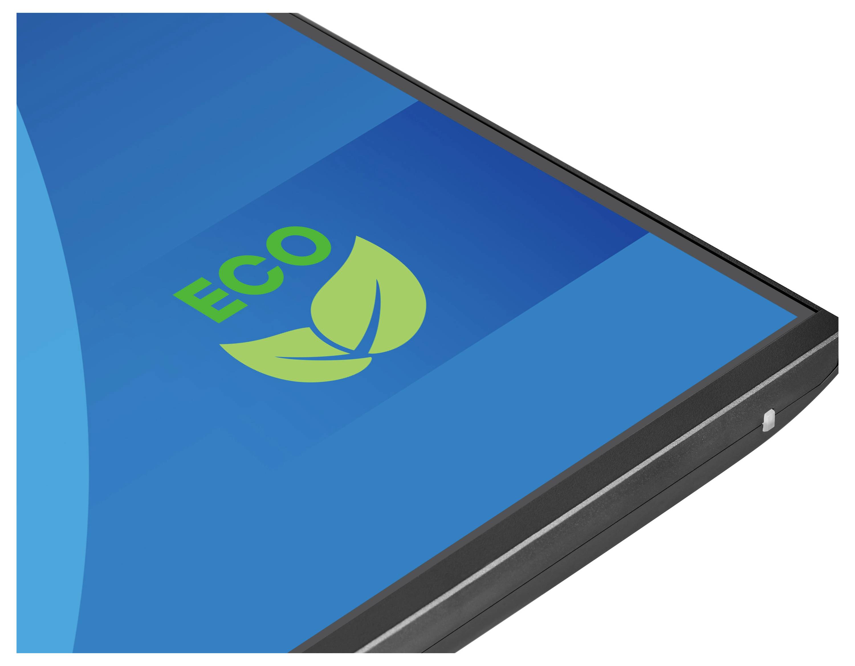 Ein Computerbildschirm zeigt einen blauen Hintergrund mit einem grünen Blatt-Symbol und dem Wort „ECO", das den Fokus auf Umweltfreundlichkeit anzeigt.