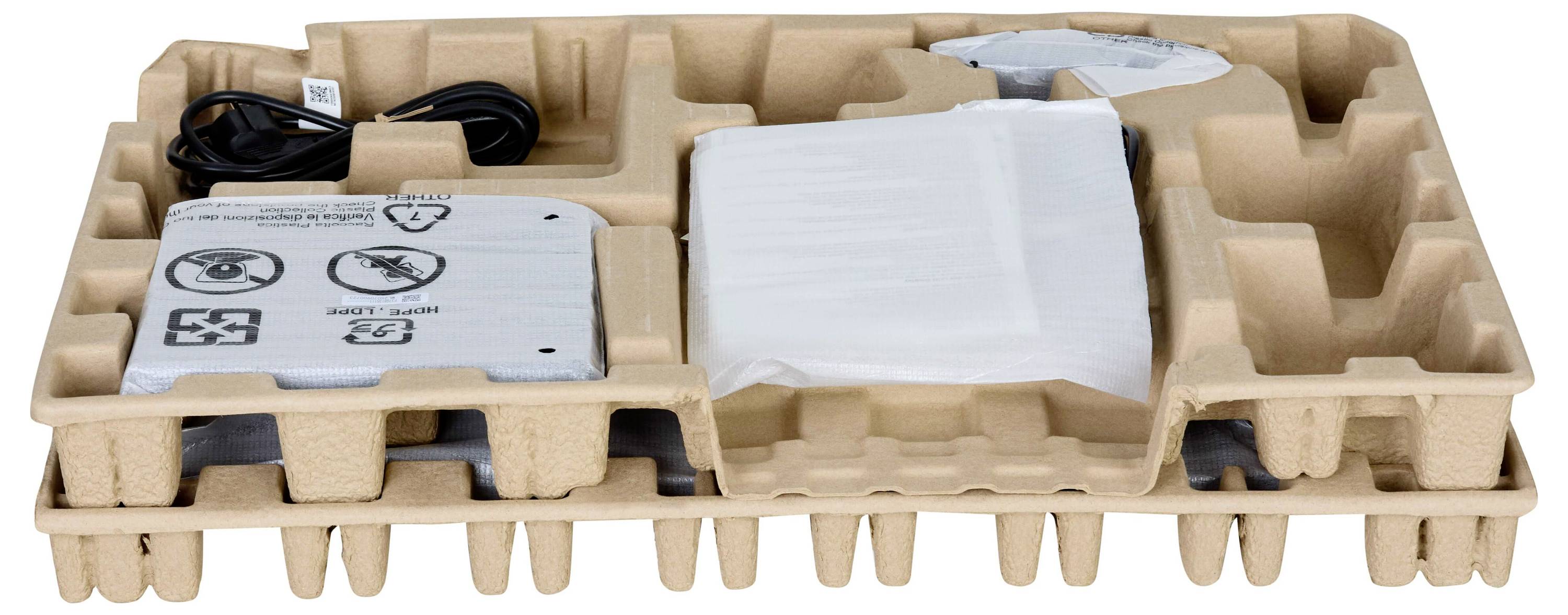 Ein geformtes Zellstoffverpackungstablett mit Fächern, die ein Stromkabel, Schutzpolsterung und ein in Kunststoff eingewickeltes elektronisches Gerät halten.