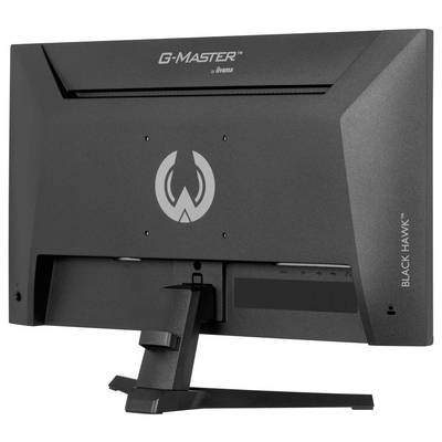 Ein schwarzer Computermonitor, auf dem "G-Master" und "Black Hawk" angezeigt werden, mit sichtbaren Branding-Details auf der Rückseite.