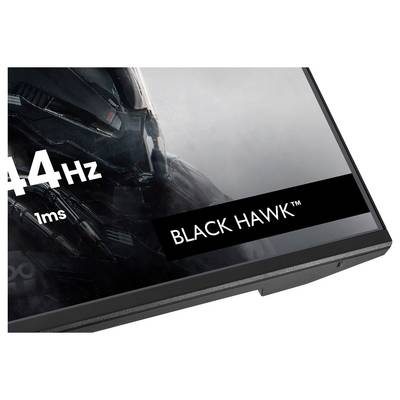 Ein Computermonitor mit einem Design, das einen futuristischen Krieger zeigt. Auf dem Bildschirm werden „144Hz", „1ms" und „BLACK HAWK™" angezeigt.