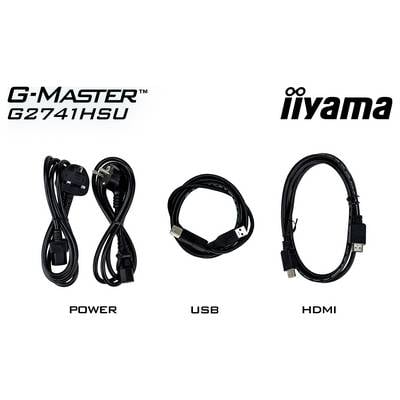 Iiyama G-Master G2741HSU Monitor Kabel: Stromkabel, USB-Kabel, HDMI-Kabel, alle aufgerollt und beschriftet.