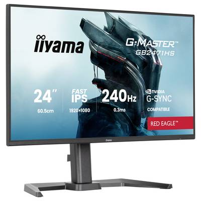Ein Computermonitor, der ein futuristisches Roboterbild anzeigt. Der Text lautet „iiyama G-Master GB2471HS, 24'' Fast IPS, 1920x1080, 240Hz, 0,3ms, NVIDIA G-Sync kompatibel, Red Eagle".