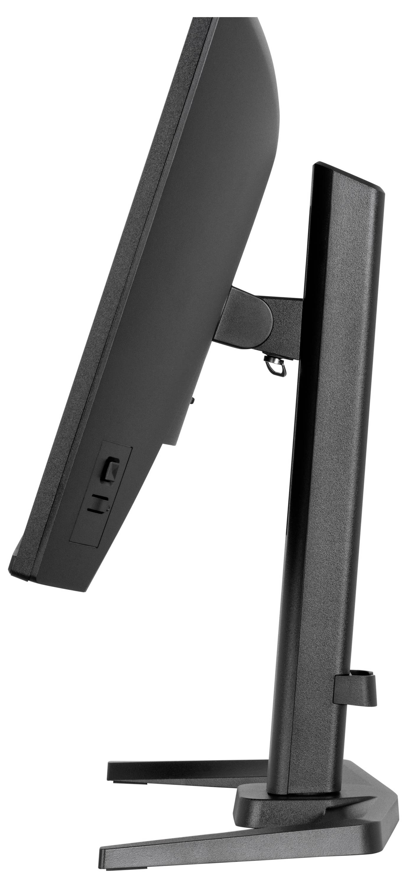 Ein Computermonitor von der Seite betrachtet, mit einem hohen Ständer und einem schlanken Bildschirmprofil.