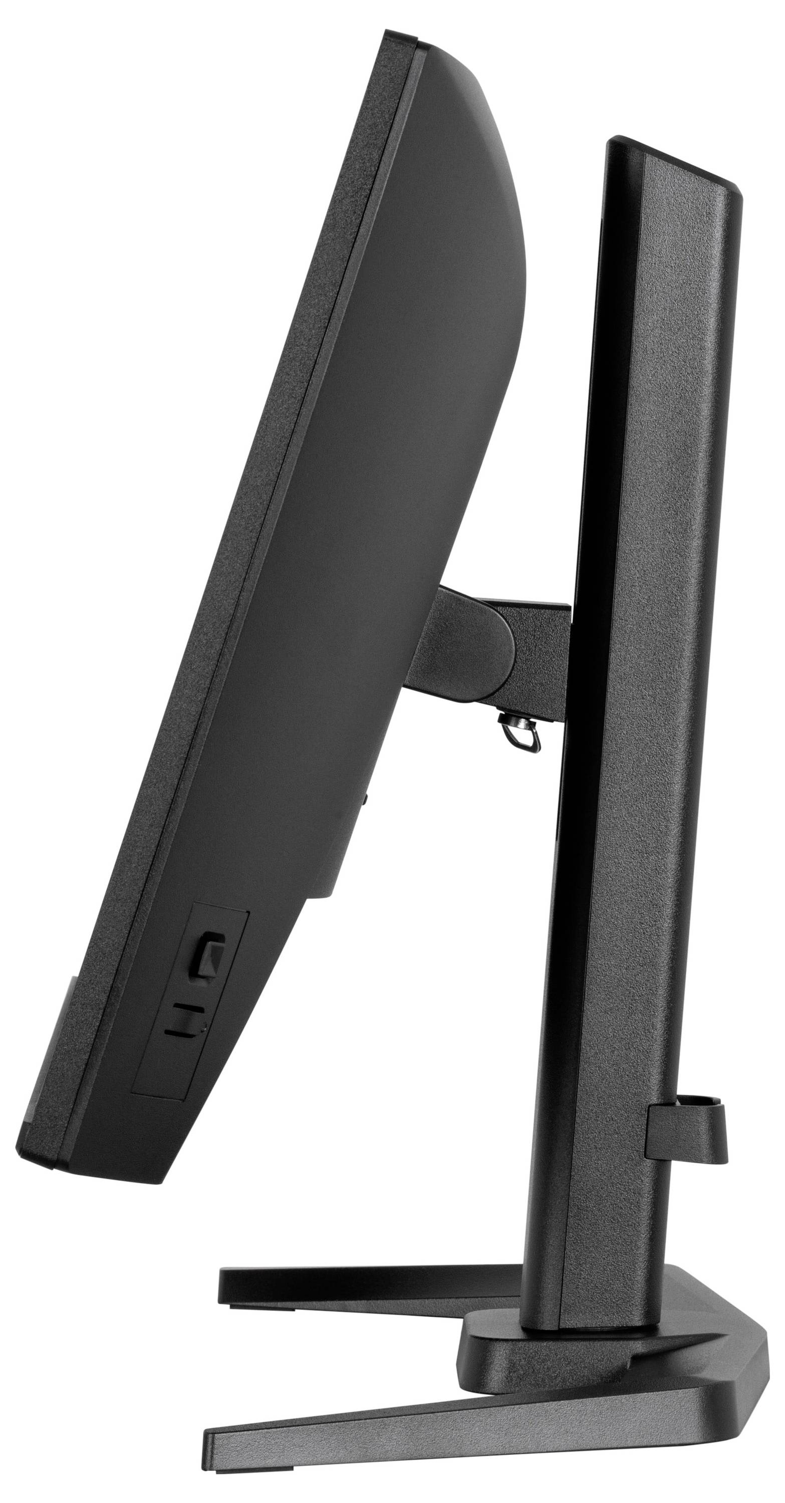 Eine Seitenansicht eines Computermonitors auf einem Ständer, der sein dünnes Profil und seinen verstellbaren Scharniersmechanismus vor weißem Hintergrund zeigt.