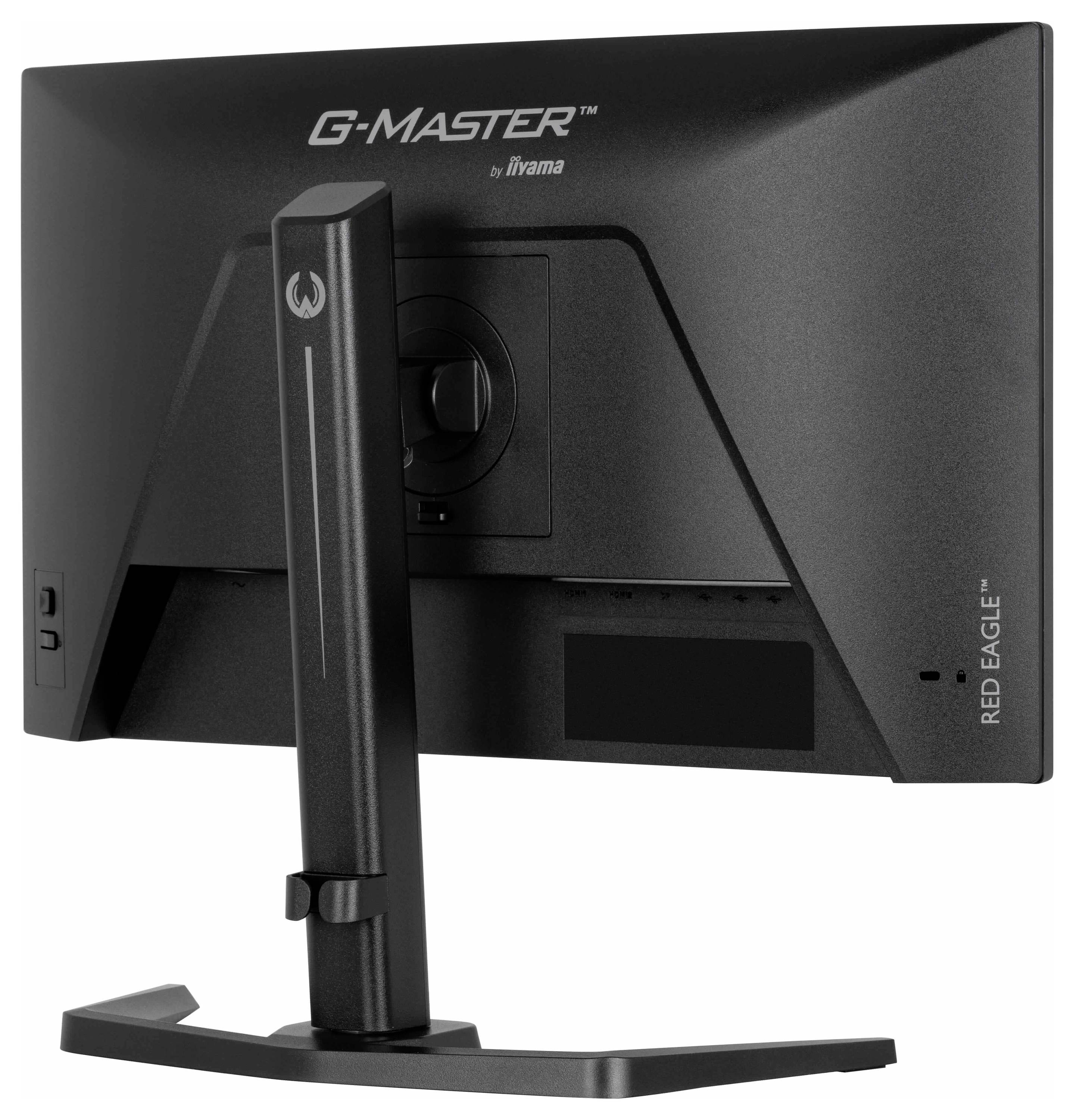 Ein schwarzer G-Master-Computermonitor von hinten betrachtet, mit dem Logo der Marke und dem Namen „RED EAGLE". Der Monitor hat einen rechteckigen Ständer.