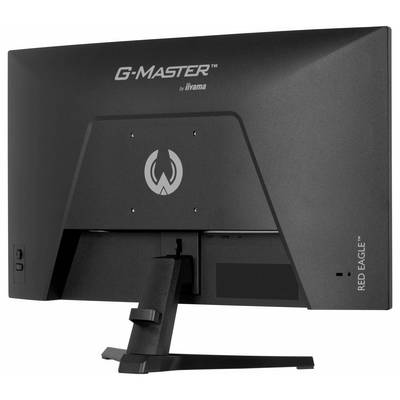 „Iiyama G-Master Red Eagle" Gaming-Monitor, Rückansicht mit Ständer und Anschlüssen, die sein schlankes und modernes Design hervorheben.
