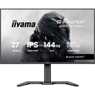 Monitor mit Bild einer gepanzerten Figur mit folgenden Spezifikationen: 27 Zoll, IPS, 2560x1440 Auflösung, 144Hz, 1ms Reaktionszeit, NVIDIA G-SYNC kompatibel.