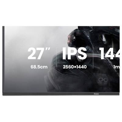 Eine Nahaufnahme der Spezifikationen eines Monitors: „27" (68,6 cm), IPS, 2560x1440 Auflösung" auf blauem Hintergrund angezeigt.