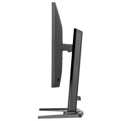 Seitenansicht eines modernen schwarzen Computerbildschirms auf einem Ständer, das sein dünnes Profil und das verstellbare Scharnier zeigt.