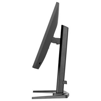 Eine Seitenansicht eines dünnen schwarzen Computermonitors mit einem stabilen rechteckigen Ständer, der das schlanke Design und die verstellbare Neigungsfunktion betont.