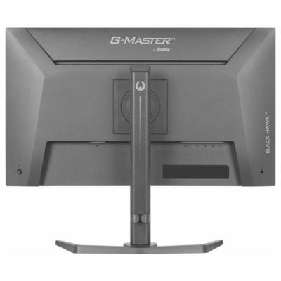 Die Rückansicht eines G-Master Black Hawk Monitors von iiyama mit einem zentralen Ständer mit Branding und mehreren Anschlüssen auf der rechten Seite.