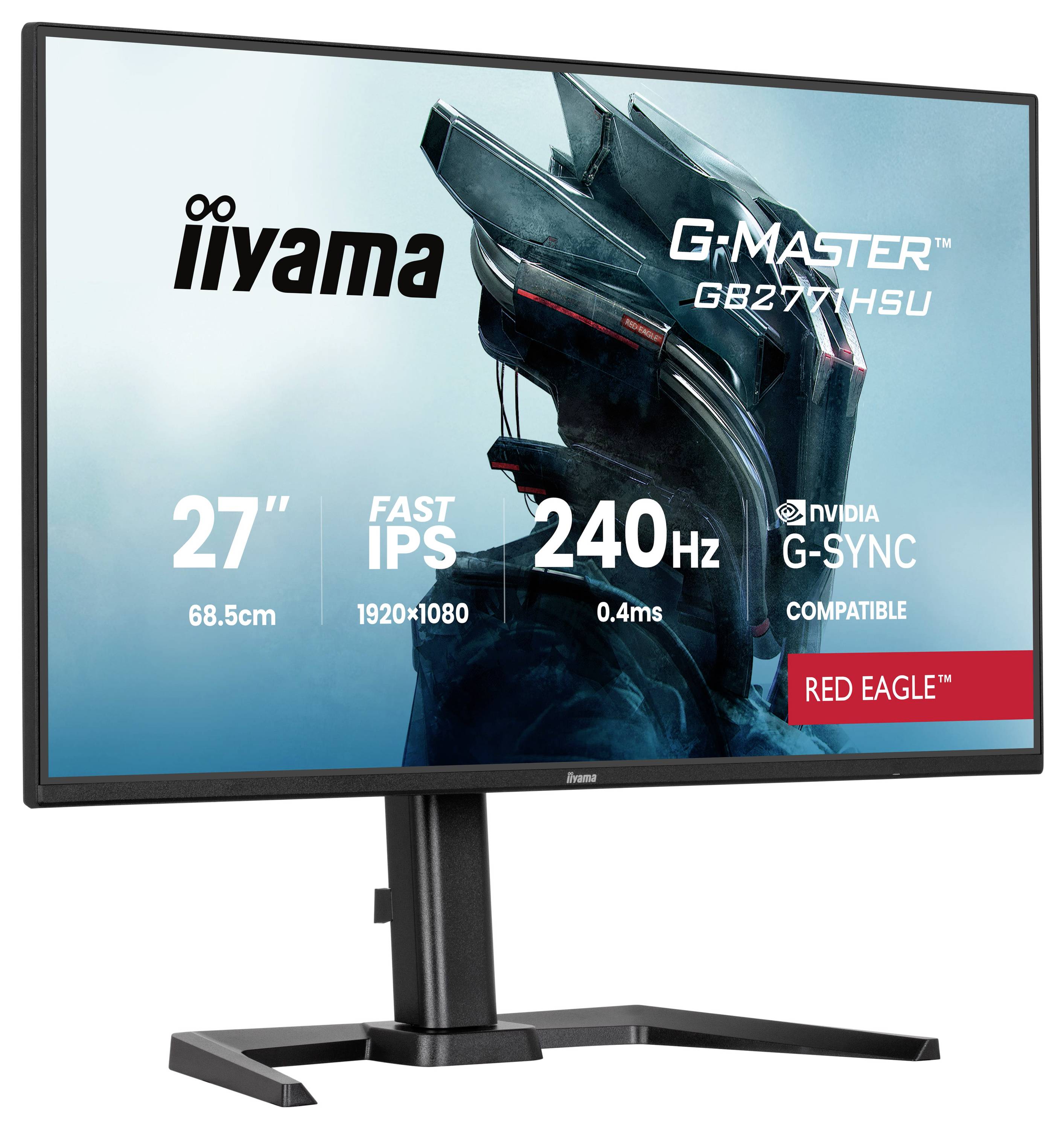 Ein Computermonitor mit seinen Spezifikationen: „27-Zoll Fast IPS, 1920x1080, 240Hz, 0,4ms, NVIDIA G-SYNC kompatibel, Red Eagle."