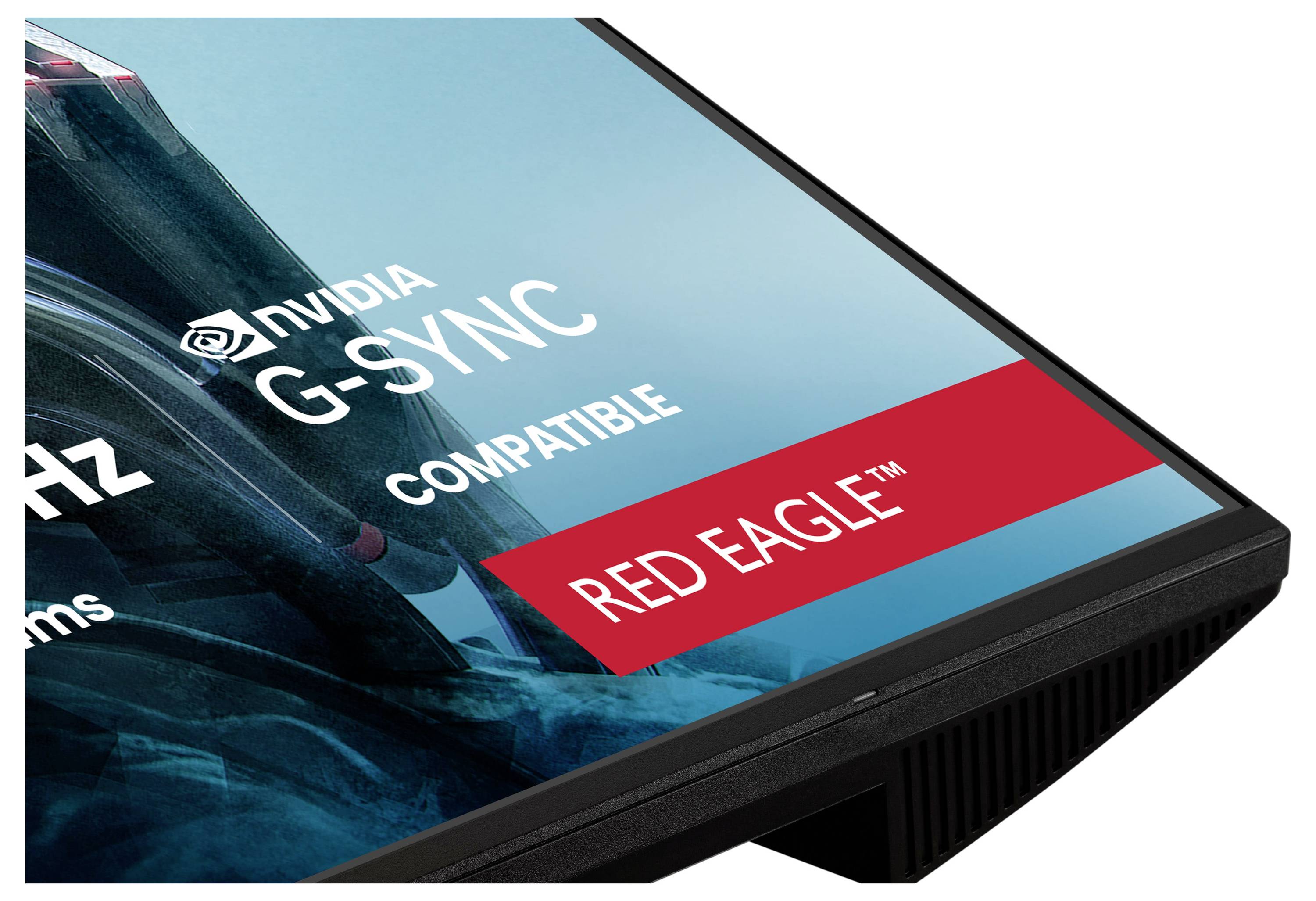 Eine Ecke eines Monitor-Bildschirms mit einem "Red Eagle"-Logo, mit Text "NVIDIA G-SYNC Compatible", der auf Technologie-Funktionen hinweist.