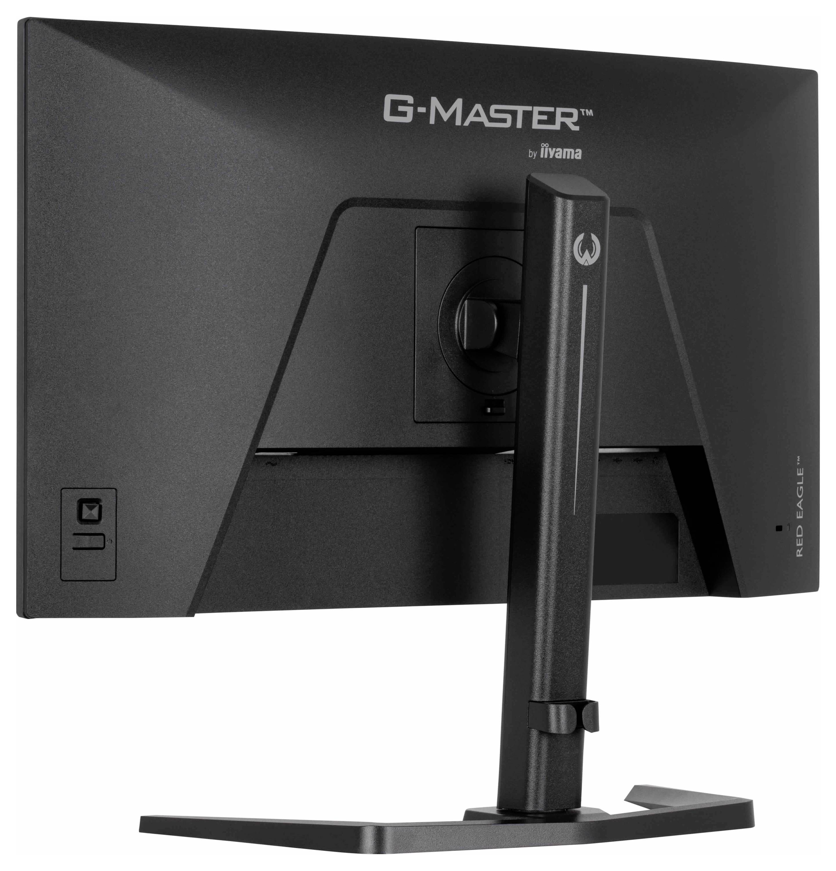 Ein von hinten betrachteter schwarzer Computermonitor mit einem Ständer mit verstellbarem Scharnier; das Branding „G-MASTER" ist sichtbar.