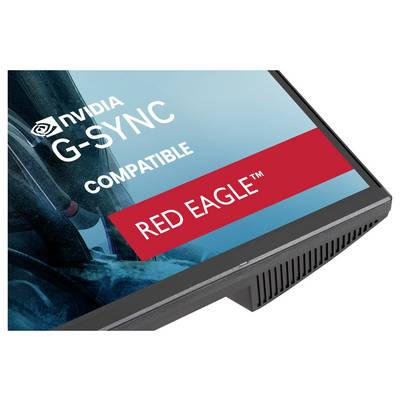 „Nahaufnahme einer Monitorecke zeigt den Text „NVIDIA G-SYNC Compatible" und ein rotes Banner mit der Aufschrift „Red Eagle". Zeigt elegantes Design und Branding."