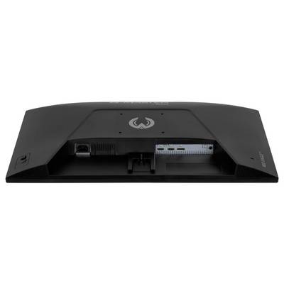 Rückansicht eines schwarzen Gaming-Monitors mit seinen Anschlüssen, einschließlich Strom-, HDMI- und DisplayPort-Verbindungen. Das Logo der Marke ist sichtbar.