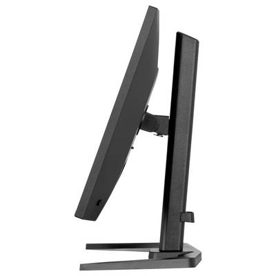 Seitenansicht eines schwarzen Computermonitors auf einem Ständer, die das dünne Profil und die ergonomische Neigungseinstellungsfunktion zeigt.