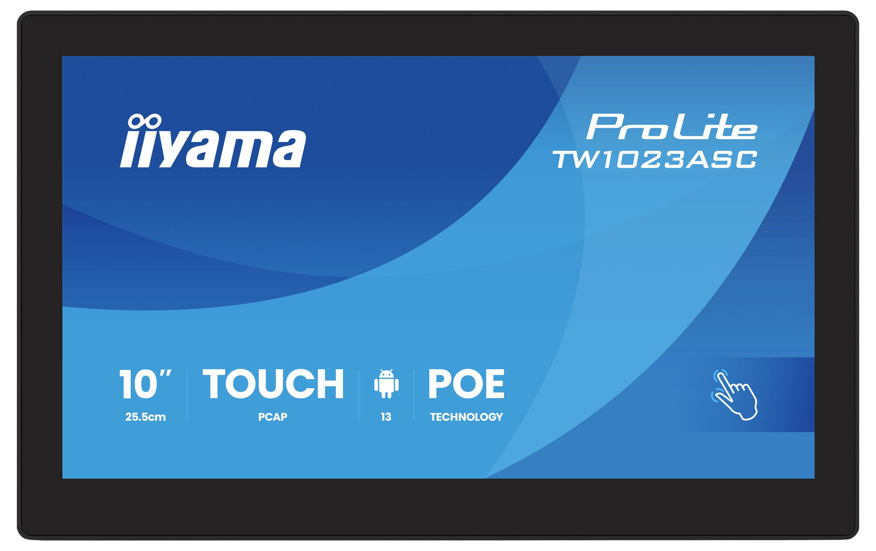 iiyama ProLite TW1023ASC Display mit 10" TOUCH Funktion, PCAP, POE TECHNOLOGY und Android-Symbol auf blauem Hintergrund.