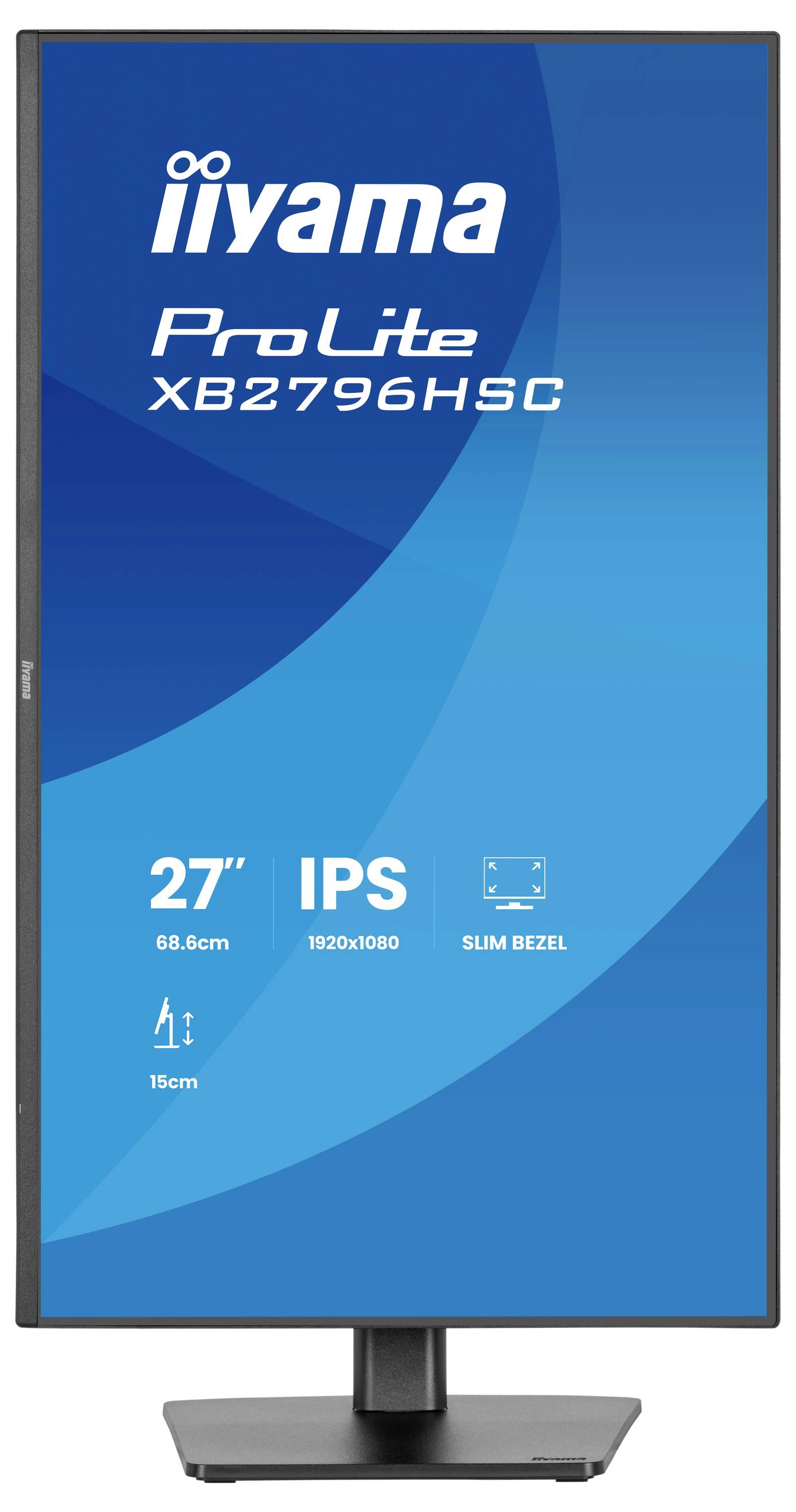 Ein vertikales Monitorbildschirm mit dem Text „iiyama ProLite XB2796HSC", das die wichtigsten Merkmale zeigt: 27" Größe, IPS-Technologie, 1920x1080 Auflösung, schlankes Rahmendesign.