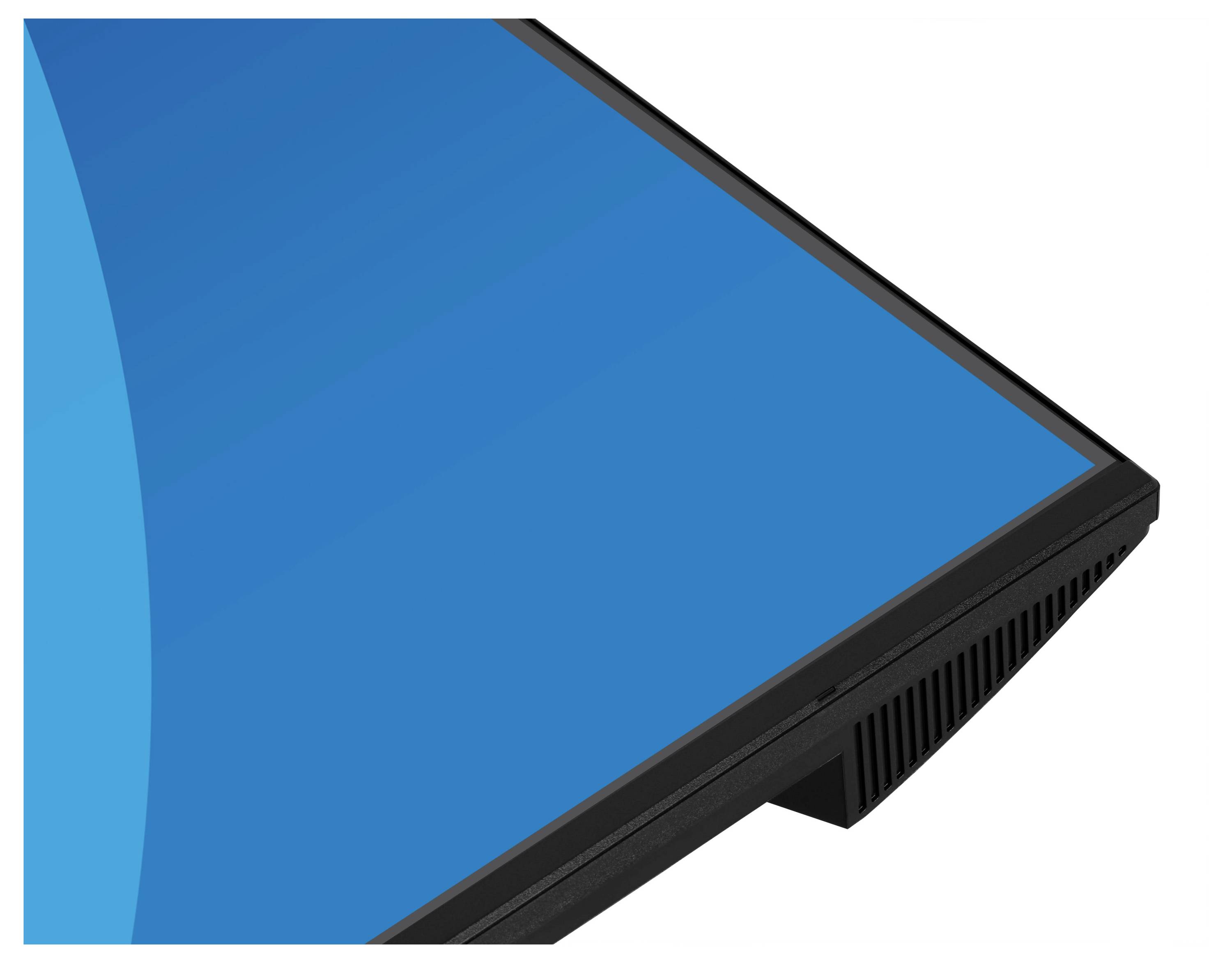 Eine Nahaufnahme der Ecke eines Computermonitors, die einen dünnen schwarzen Rahmen und einen blauen Bildschirm zeigt und sein elegantes Design unterstreicht.
