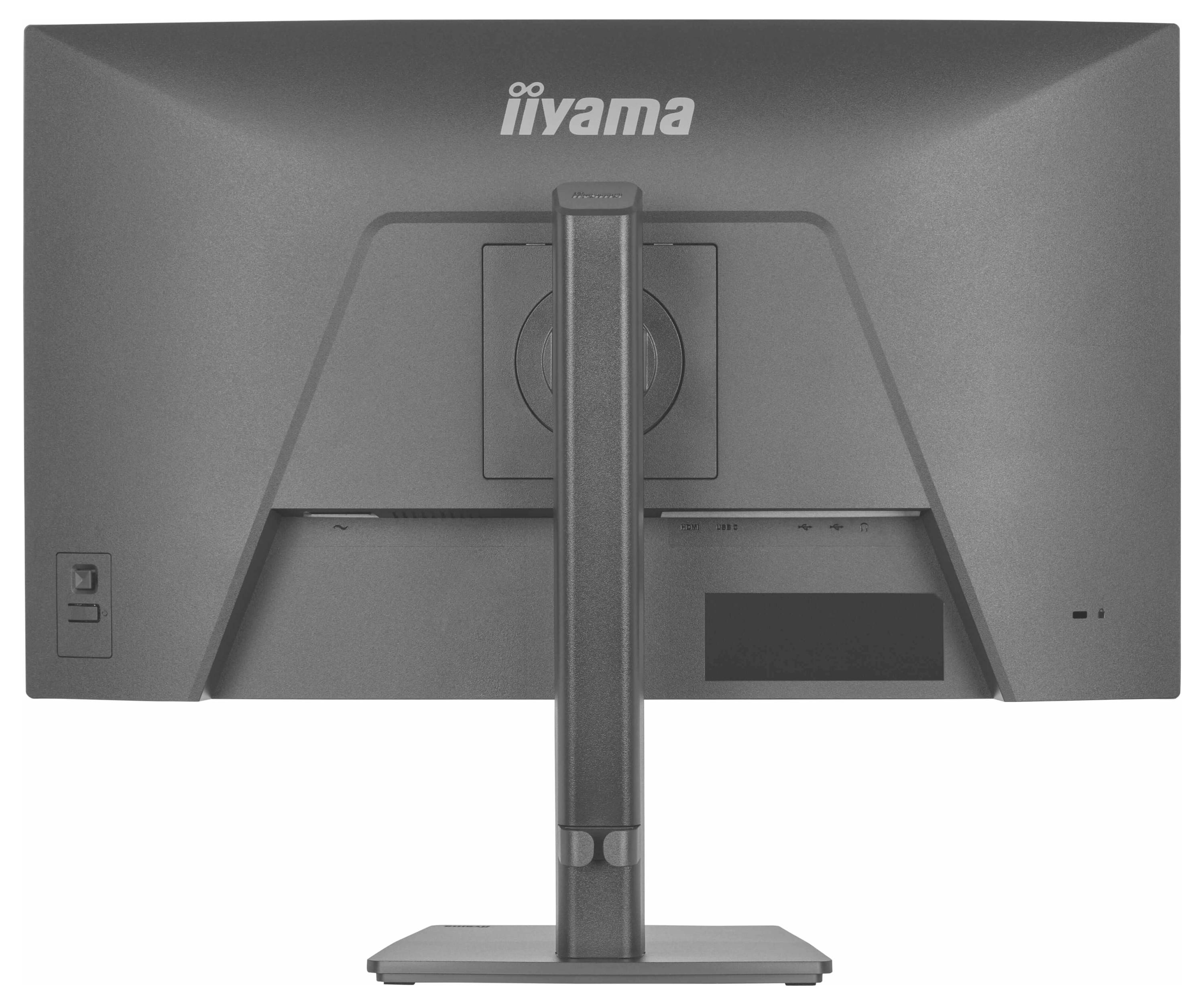 Rückansicht eines Computermonitors auf einem Ständer, der seine Anschlüsse und die verstellbare Halterung zeigt. Die Marke „iiyama" ist oben sichtbar.