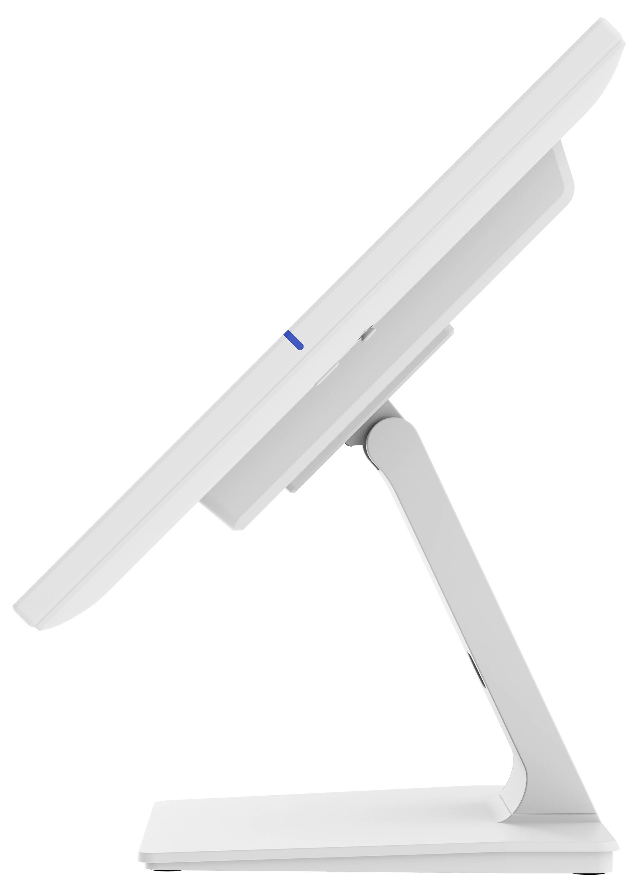 Ein schlanker, minimalistischer weißer Ständer stützt einen großen, dünnen Bildschirm in einem Winkel, ähnlich dem Design eines modernen Computermonitors.