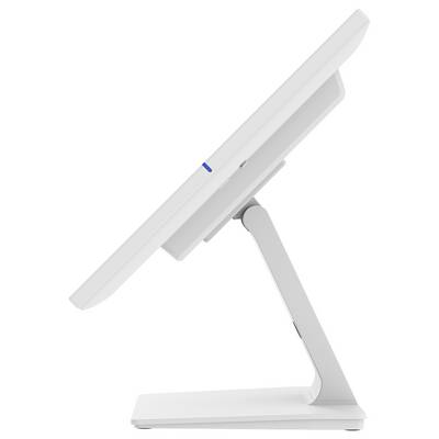 Ein schlanker, minimalistischer weißer Ständer stützt einen großen, dünnen Bildschirm in einem Winkel, ähnlich dem Design eines modernen Computermonitors.