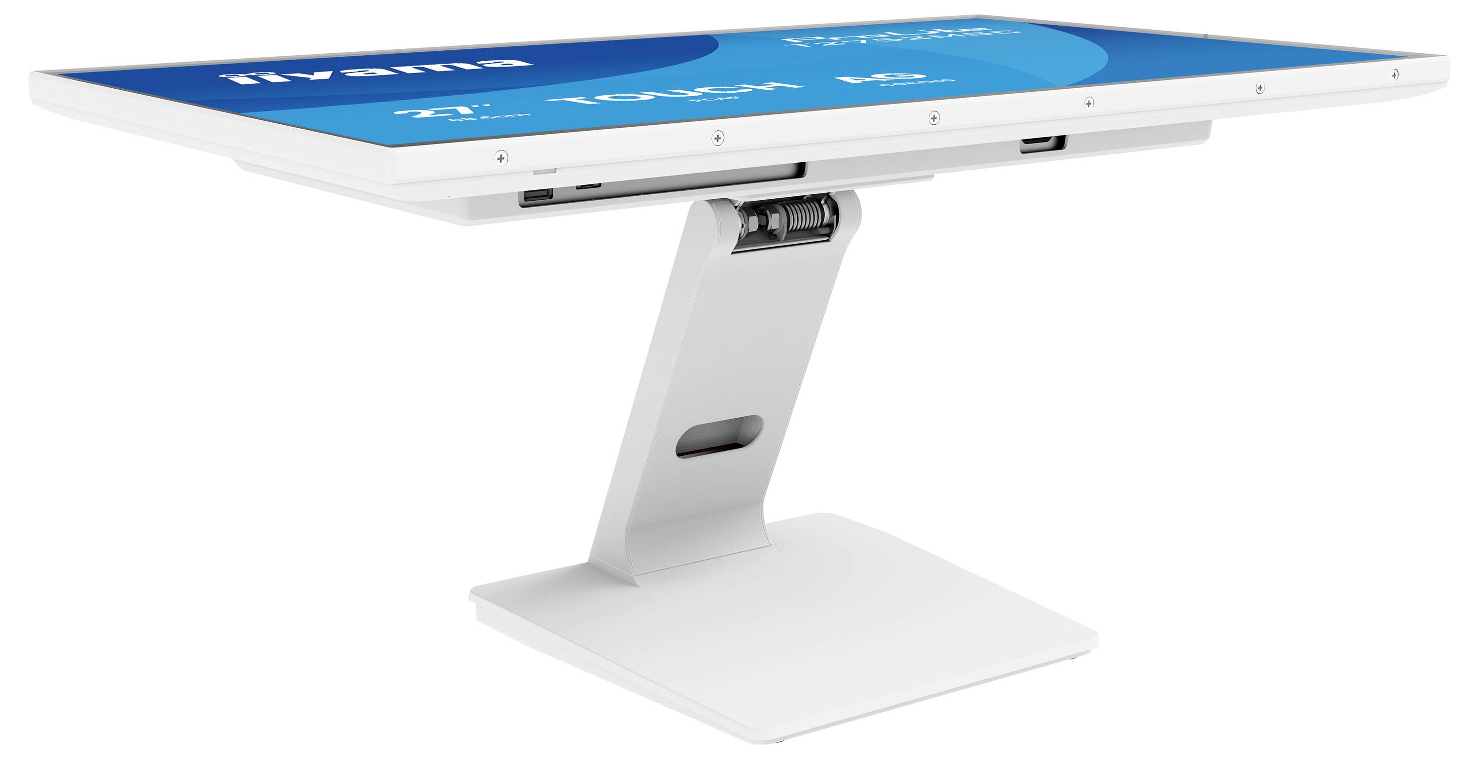 Ein weißes, verstellbares interaktives Flachbildschirm-Display in horizontaler Position, das einen teilweise sichtbaren blauen Bildschirm mit Text anzeigt.